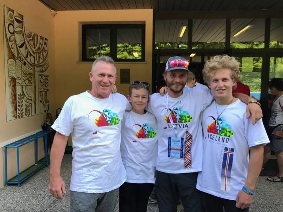 Karlis Jaunpetrovičs with Bruce, Gunar and Tyr Goldsmith at a paragliding world championship.