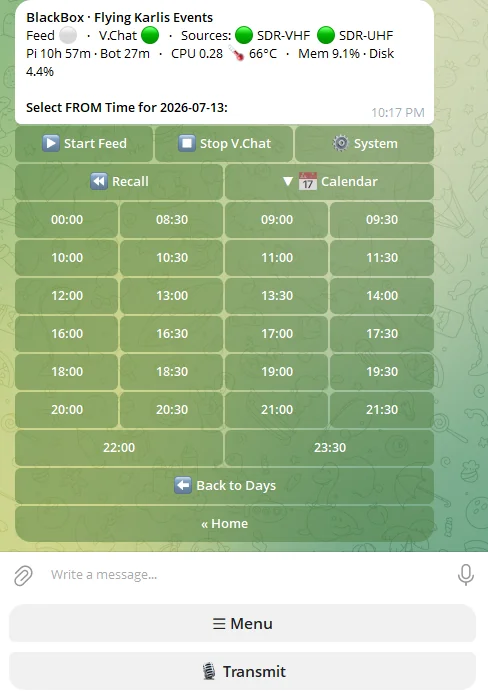 Black Box archive calendar: pick a start time to retrieve any recorded period