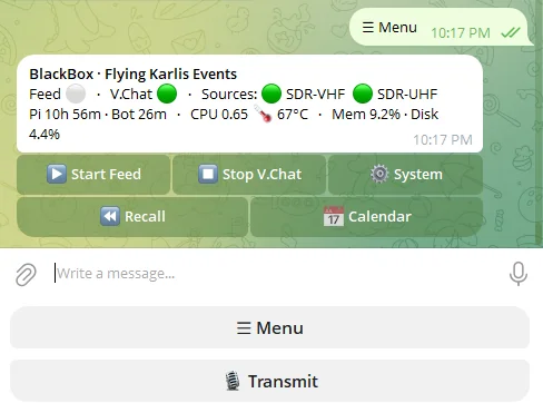 Black Box Telegram control surface: live feed, V.Chat and SDR source status at a glance