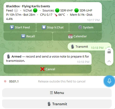 Black Box remote transmit armed: record a voice note to prepare a transmission