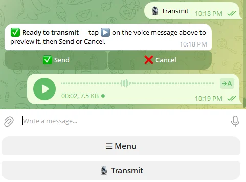 Black Box ready to transmit: preview the voice note, then send or cancel